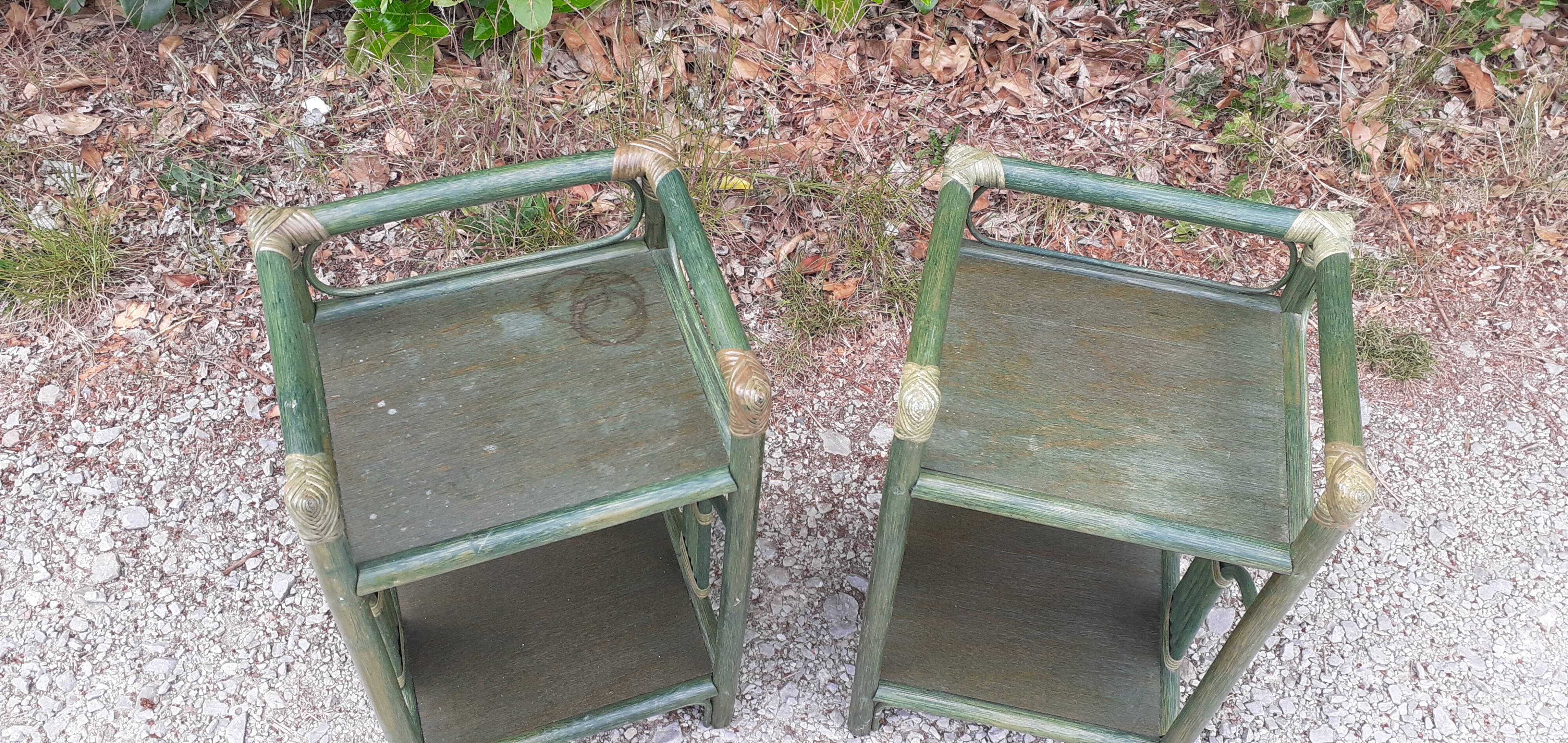 Pairs of bedside tables 2 green rattan shelves