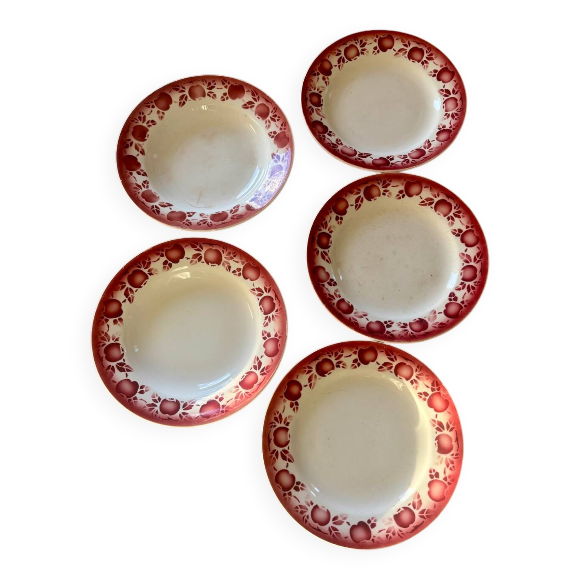 Vintage set of 5 St Amand earthenware plates with apples.