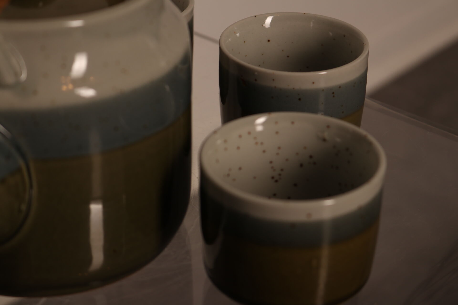 Hand-made ceramic tea set glazed in bleu-green tones, Belgium 1960