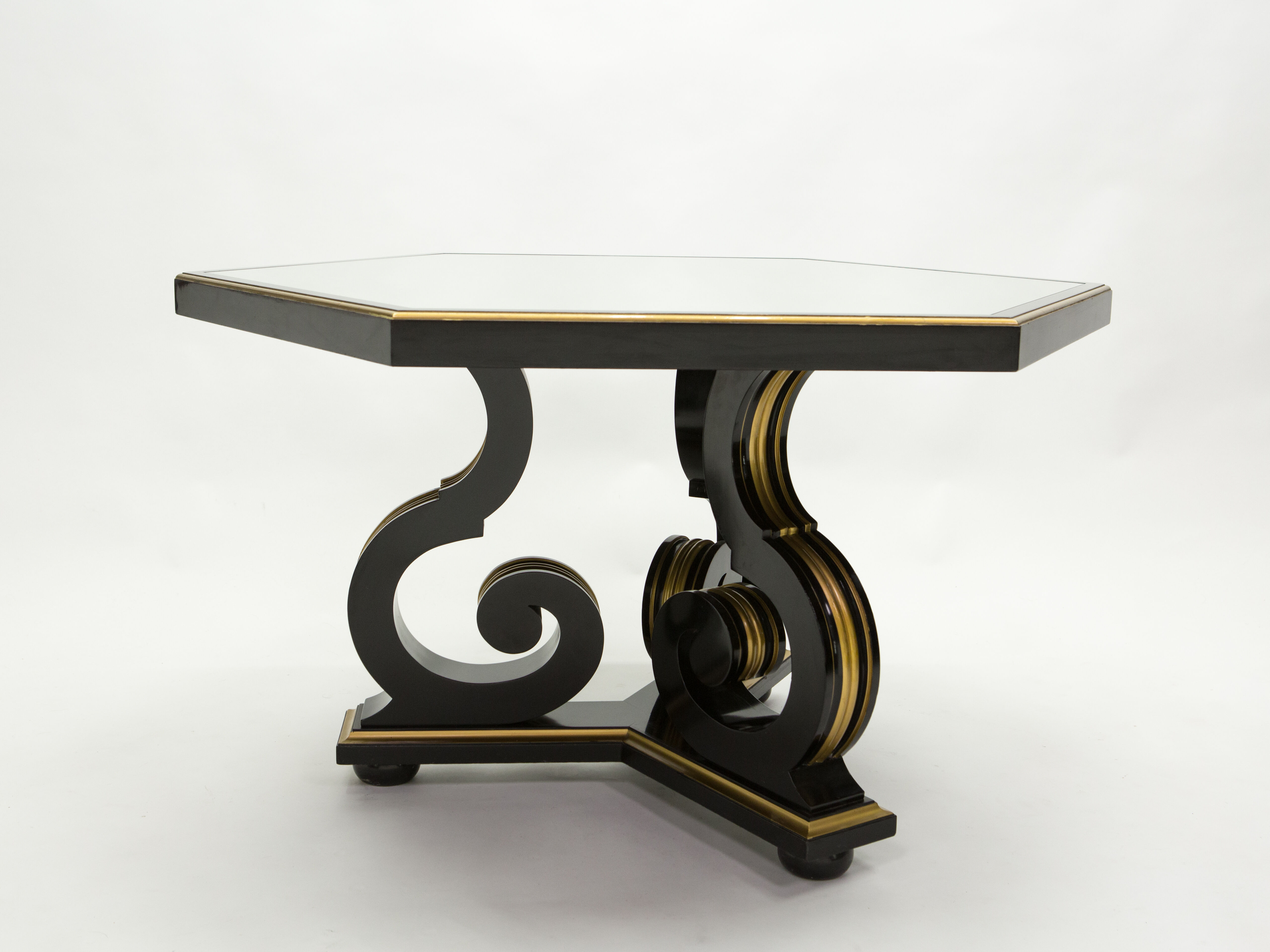 Table à manger néoclassique Maurice Hirsch bois noir doré miroir 1970