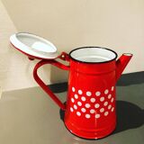Red enameled coffee pot with white polka dots