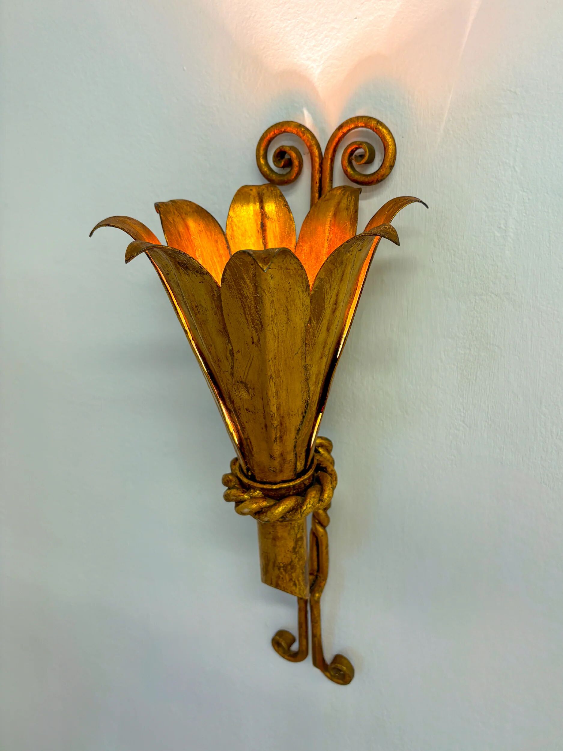 Pair of XL gilt metal tulip wall sconces, France, 1960s