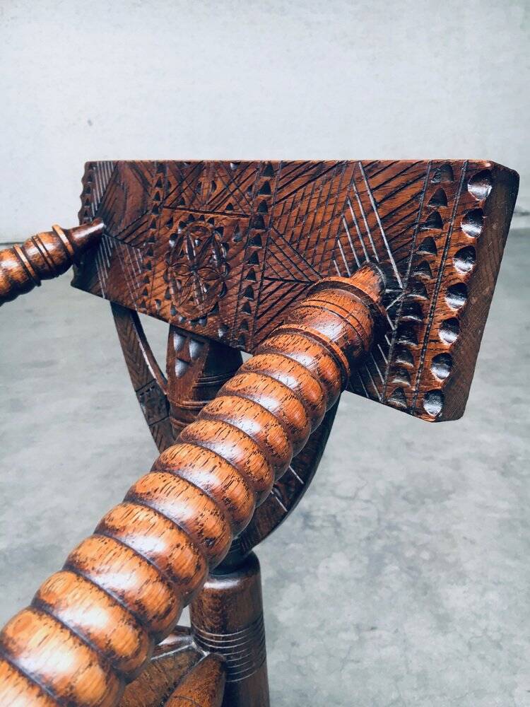 Brutalist Carved Oak Tripod Monk Chair, Sweden, 1930s