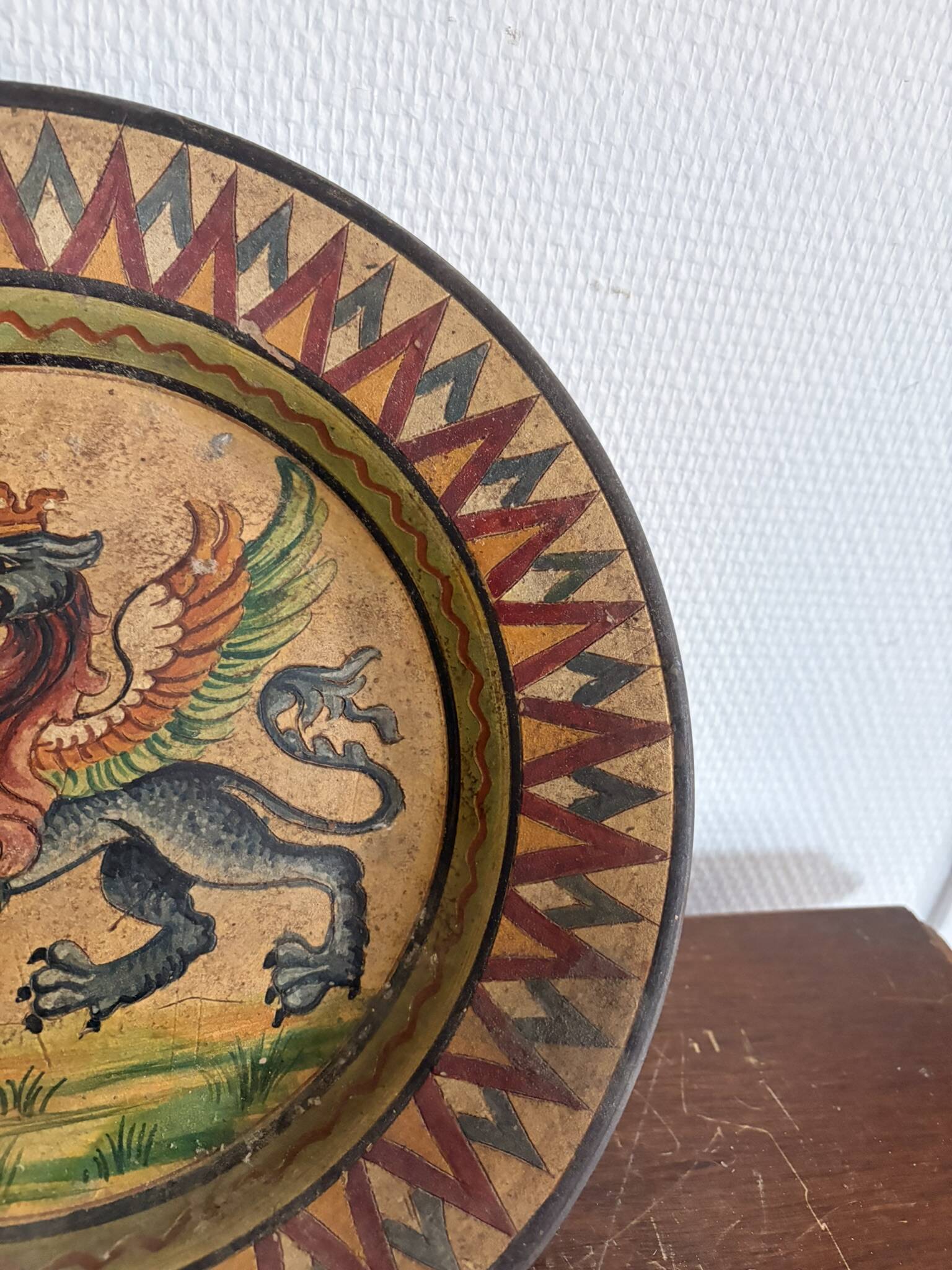 Mural Plate Montopoli Arno Italy 1930 Crowned Griffin Tuscan Majolica
