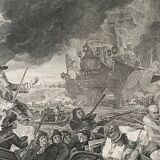 B. West, naval battle: Battle of the Hougue, engraving, eighteenth century