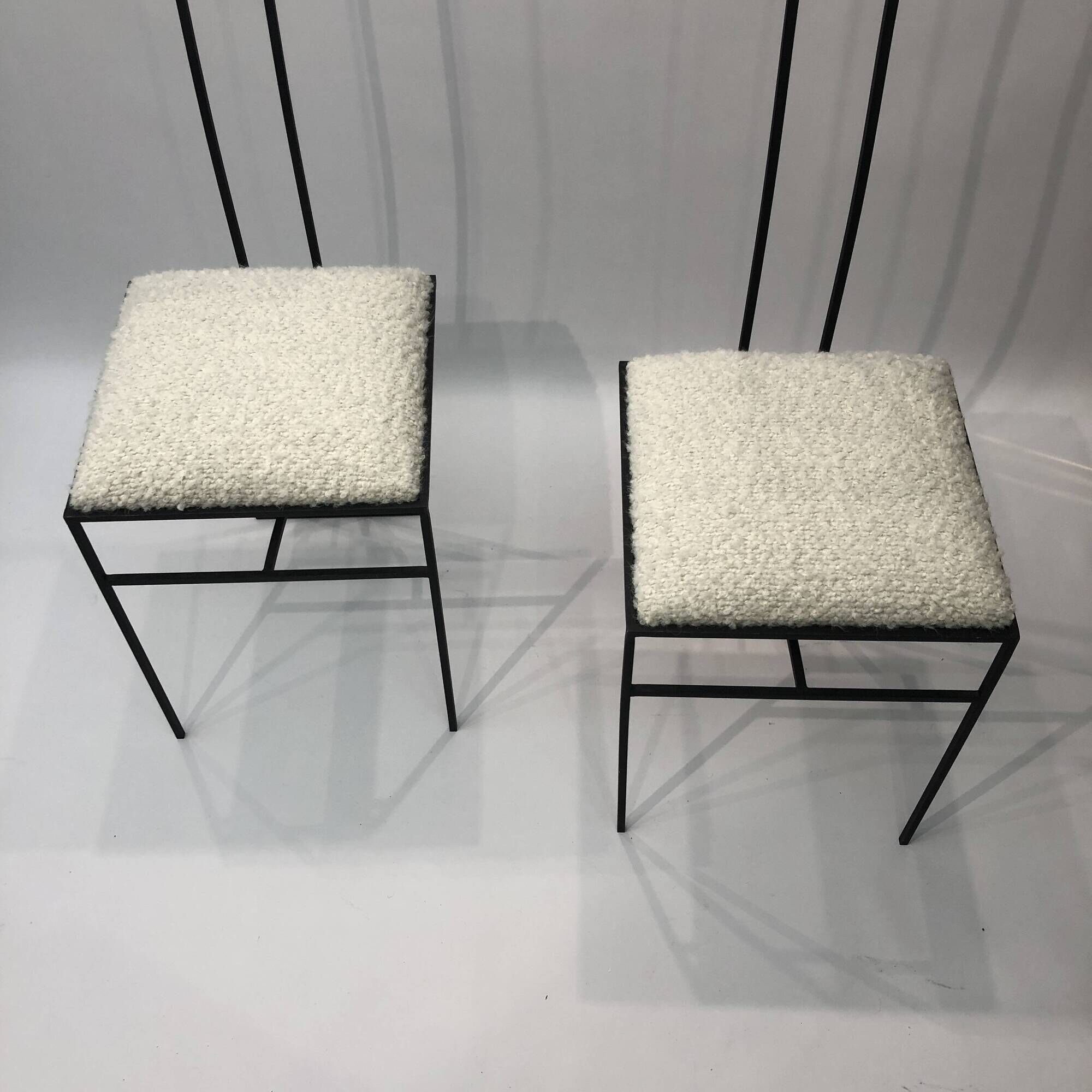 Pair of Postmodern High Back Black Metal Side Chairs in Boucle 1980s Vintage 70s