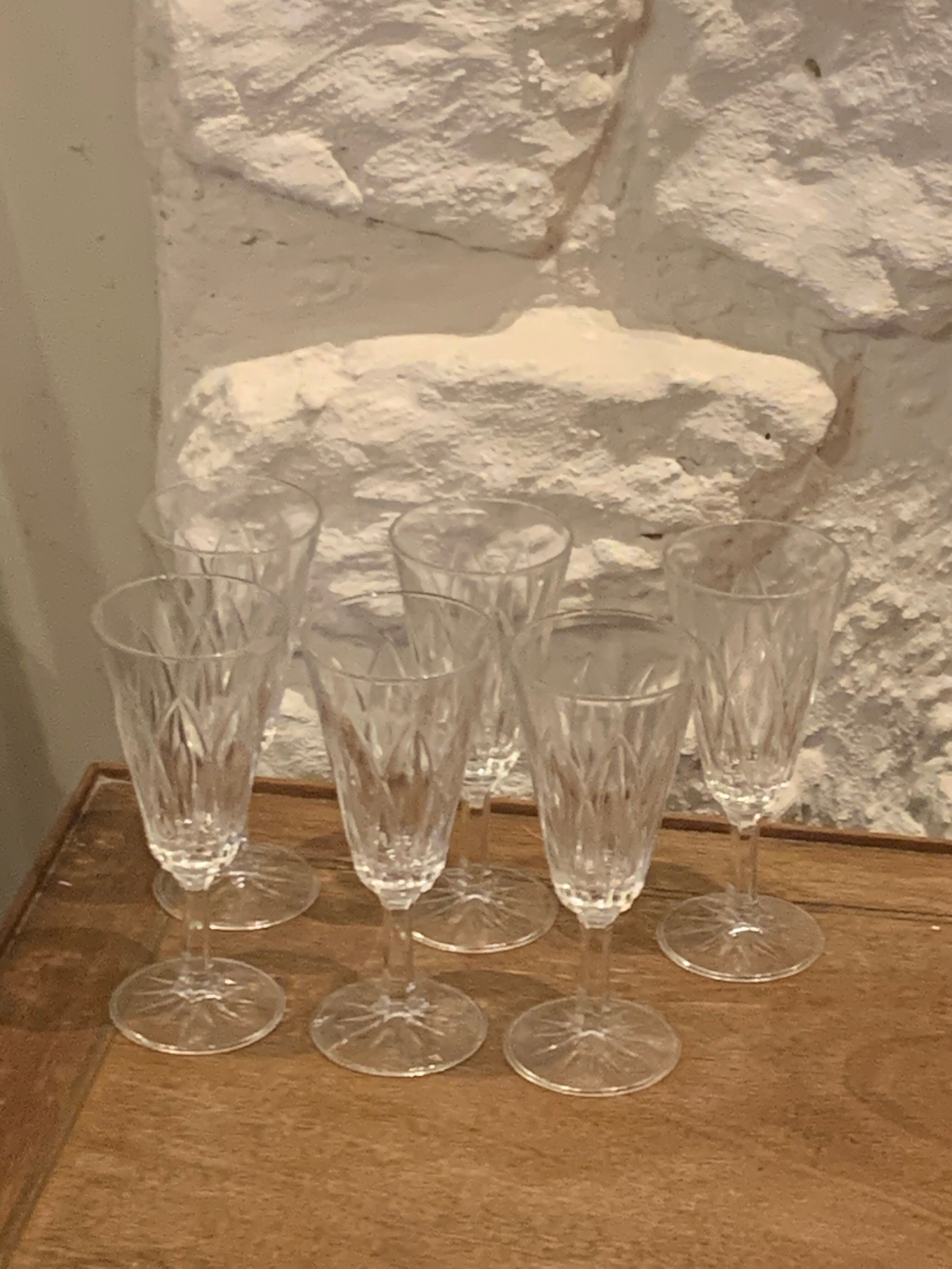 6 vintage champagne flutes patterned leaves or petals