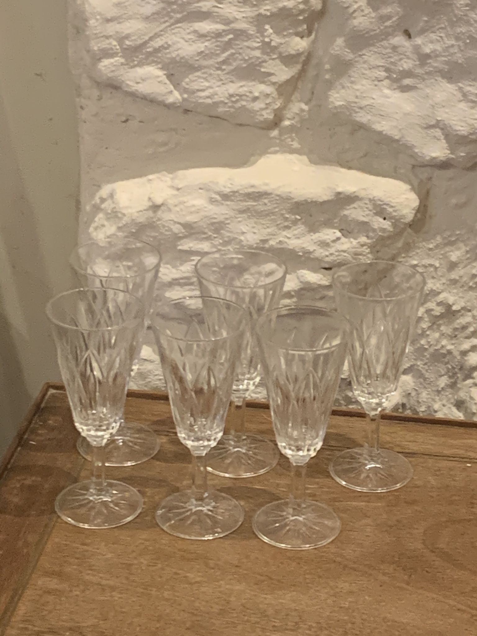 6 vintage champagne flutes patterned leaves or petals