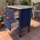 Tables de chevet MCM vintage – Bleu foncé, tiroirs et poignées laiton
