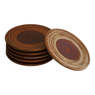 Tue Poulsen, Set of 6 ceramic plates in earthy colours, modern Danish design, 1960s