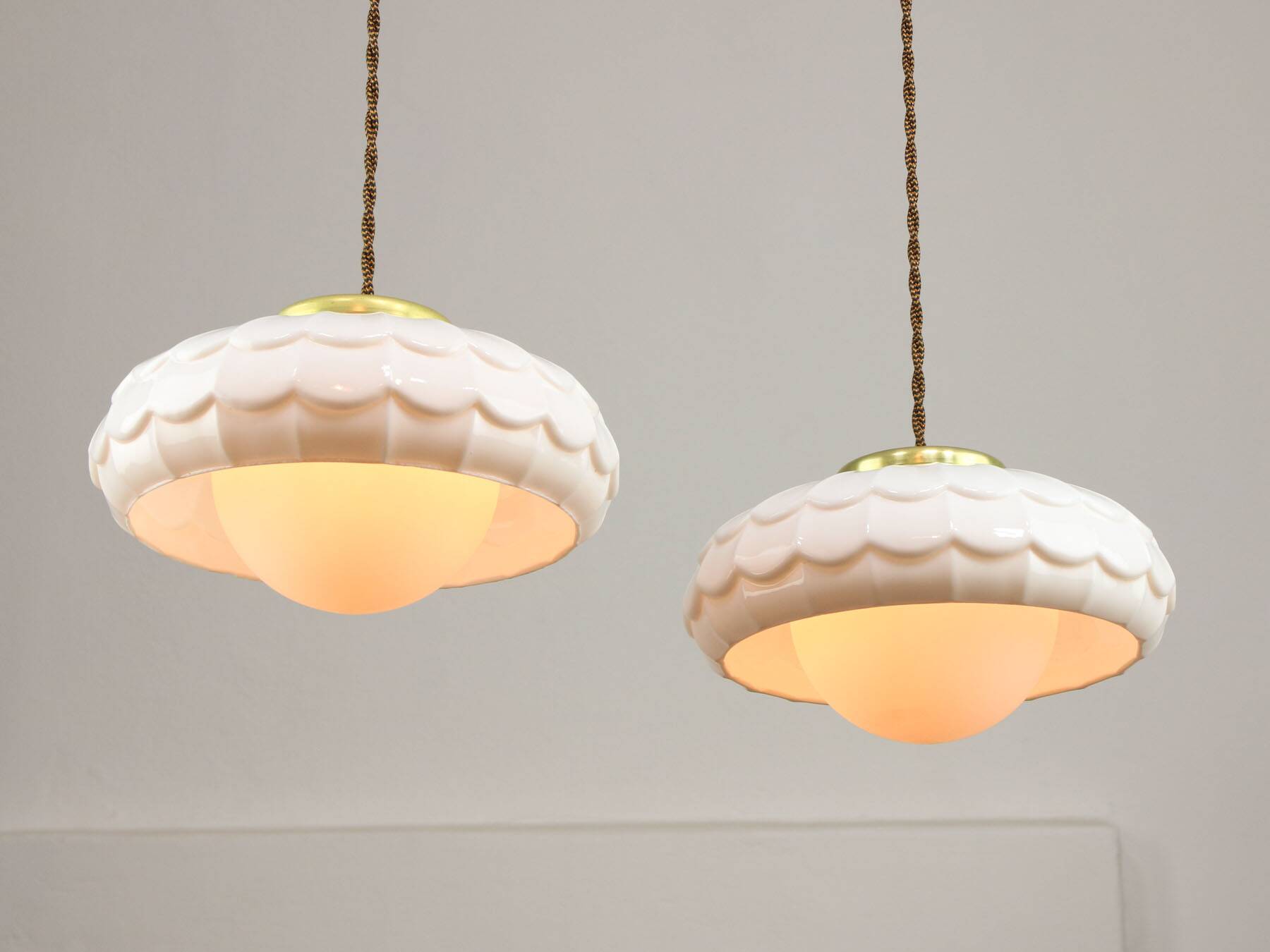 Mid-Century Italian Ceramic & Brass Pendant Lamps, Set of 2