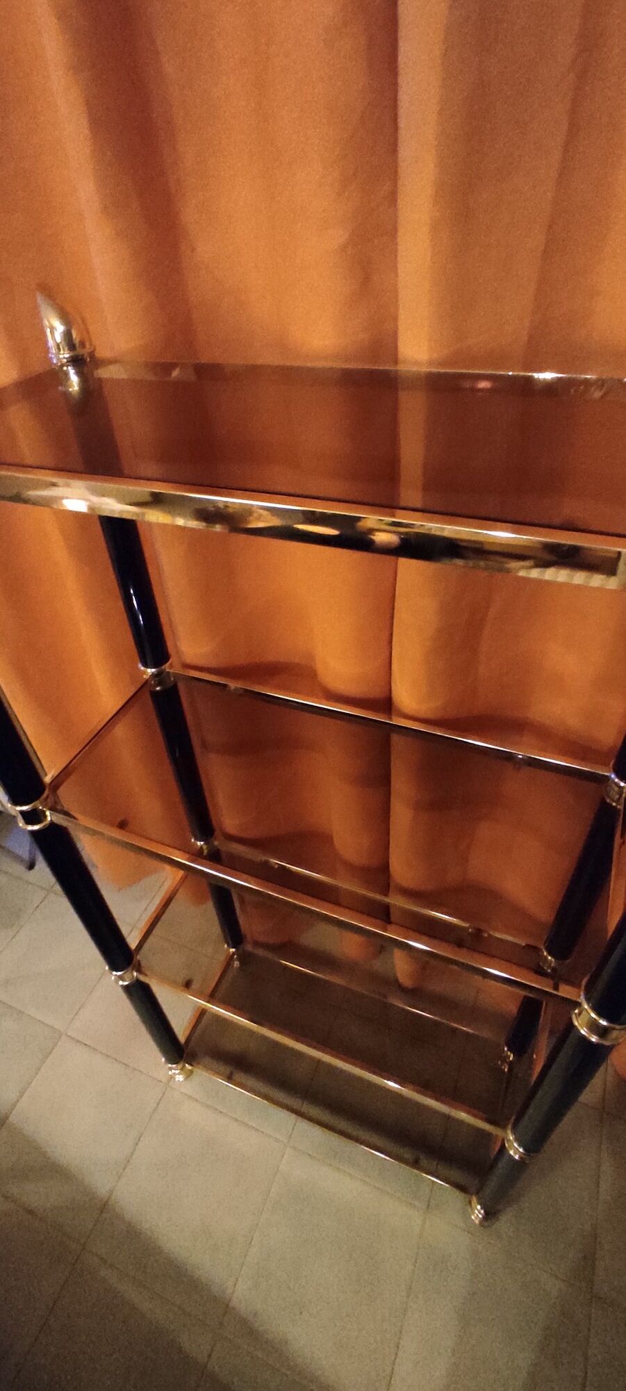 Shelf, Chinese, black and gold metal, smoked glass