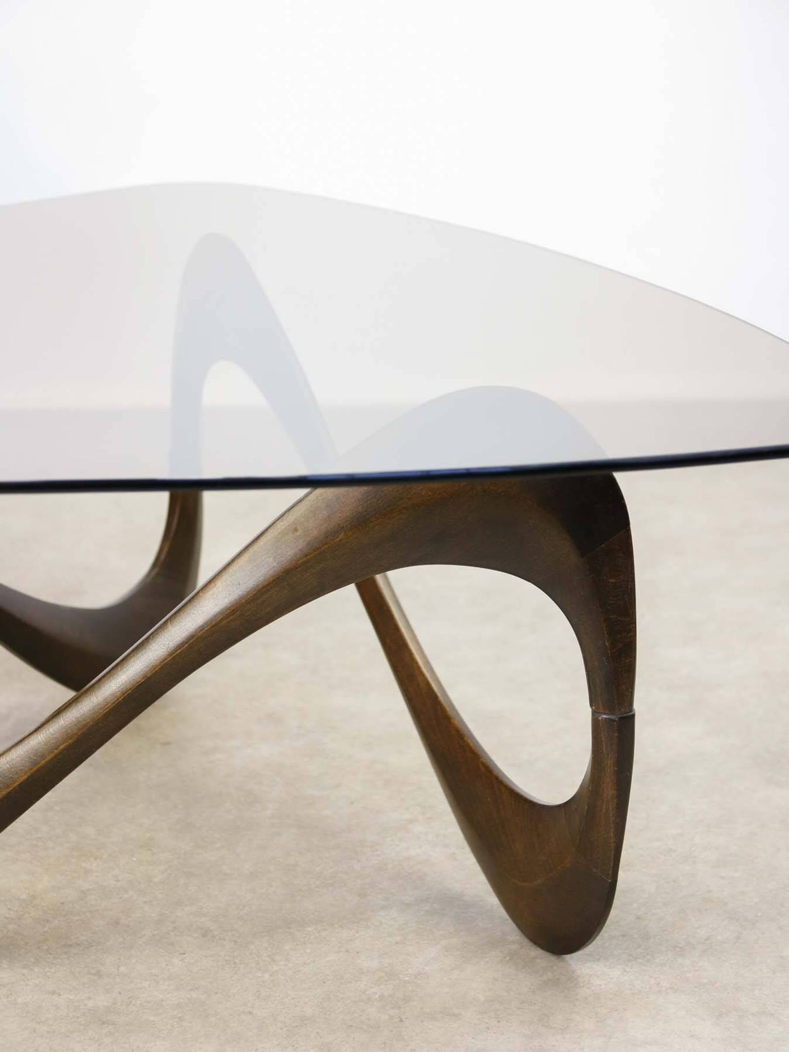 Italian Organic "Snake" Wooden and Smoked Glass Coffee Table, 1960s