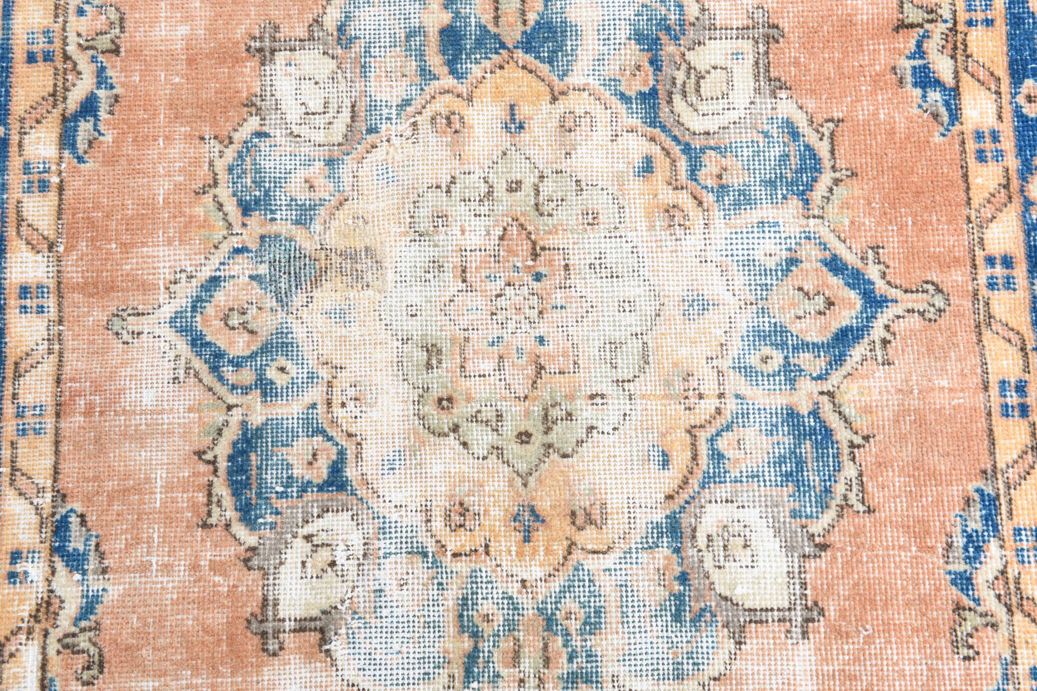 3x6 Rug For Living Room Pale Orange Blue Handmade Turkish Rug, 104x176Cm