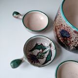 Vallauris fondue serving lot 1 large pot and 6 small pots décor thistle gray, blue, green