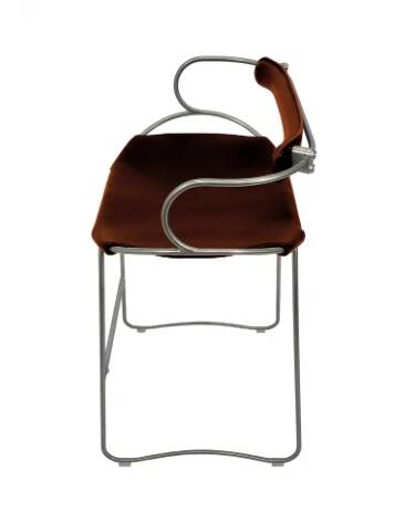 Contemporary sculptural bar stool c. Silvered Aged Steel Backrest and Cognac Leather