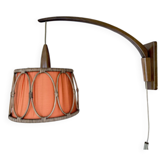 Large Scandinavian Teak Rattan Wall Lamp