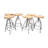 Set of 6 wooden stools with adjustable metal legs