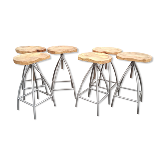 Set of 6 wooden stools with adjustable metal legs