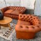 Salon canape and 2 chesterfield armchairs in vintage cognac leather from the 1970s
