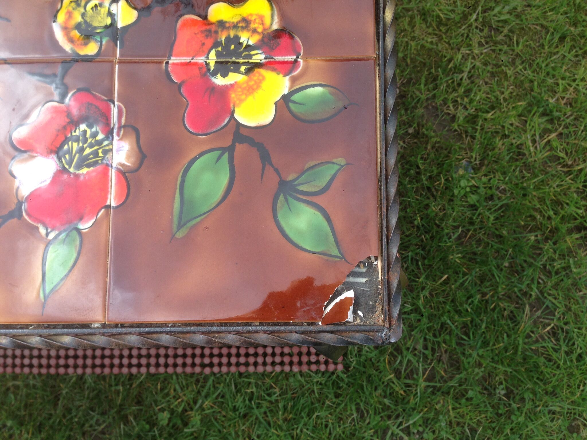 Vallauris wrought iron and ceramic coffee table by La Grange.