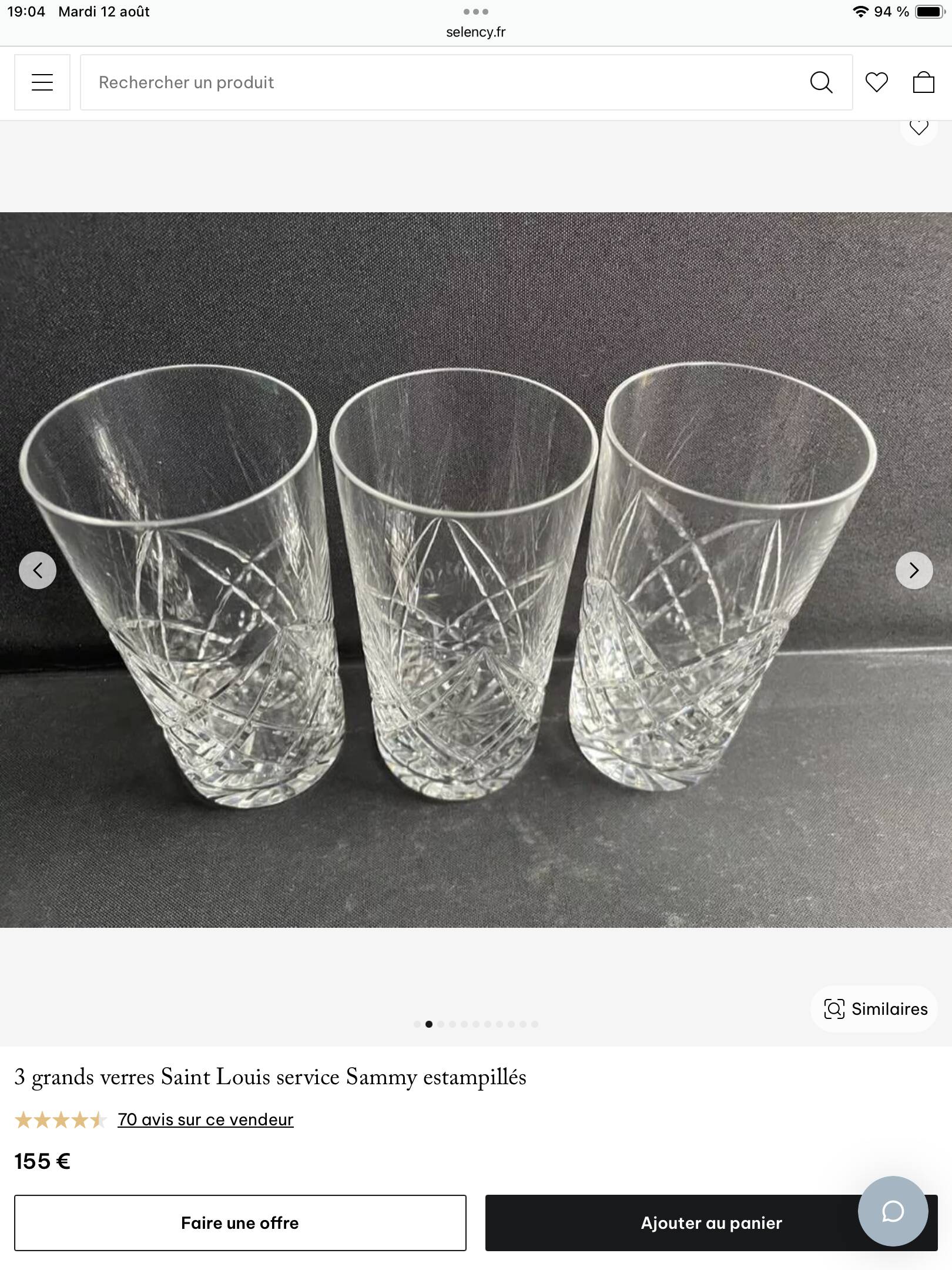 3 grandes verres en cristal dimension : hauteur -135 mm diamètre -0,75 mm