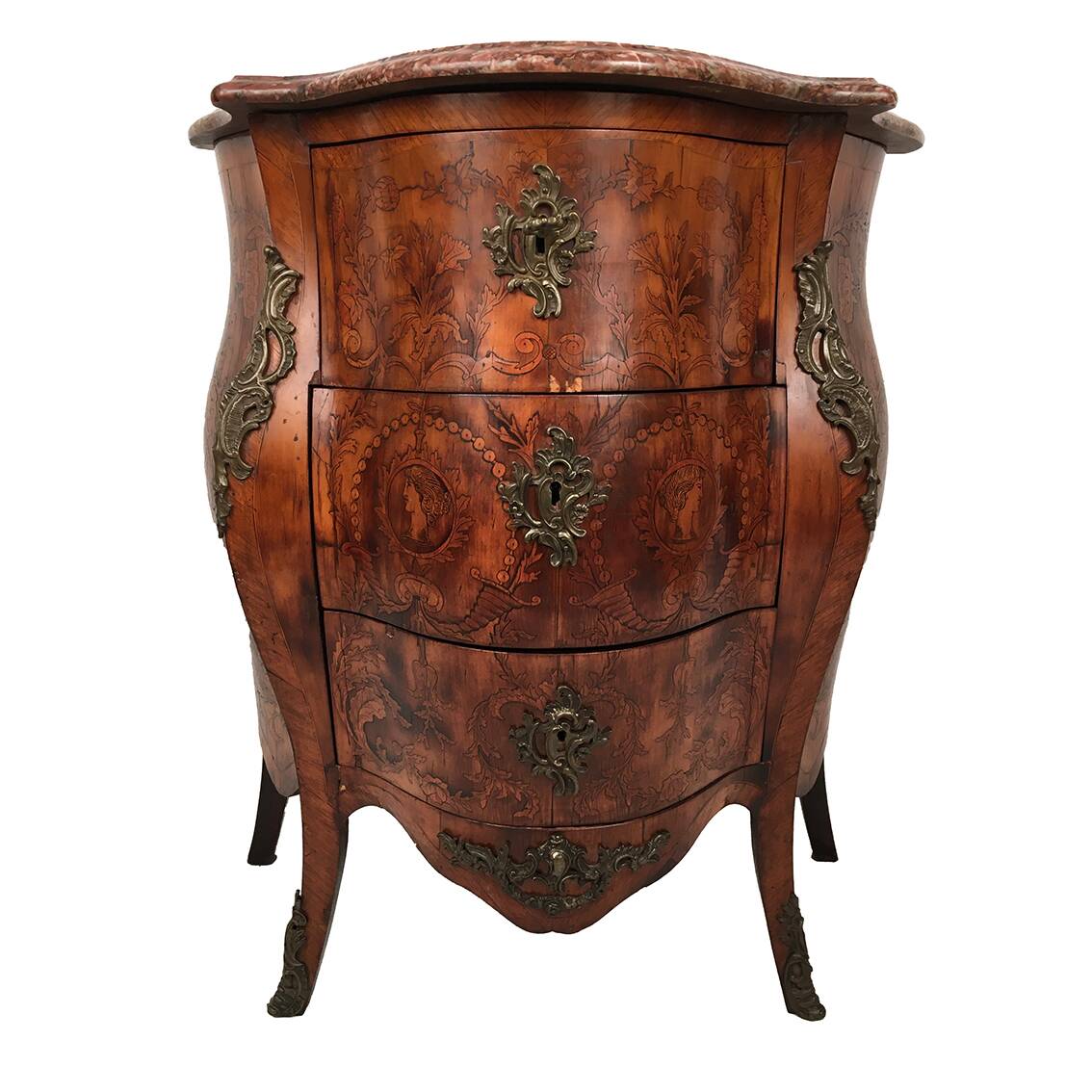 Louis XV style chest of drawers, richly inlaid, animated front and side. 19th century