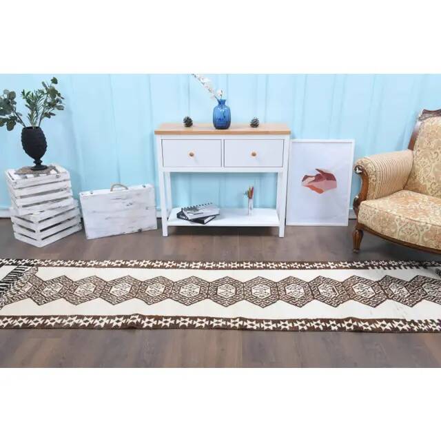 Vintage Turkish Hand-Knotted Wool Cotton White Runner Rug 78x354