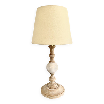 Lampe bois et marbre, câble tissu neuf 2 M, abat-jour coton