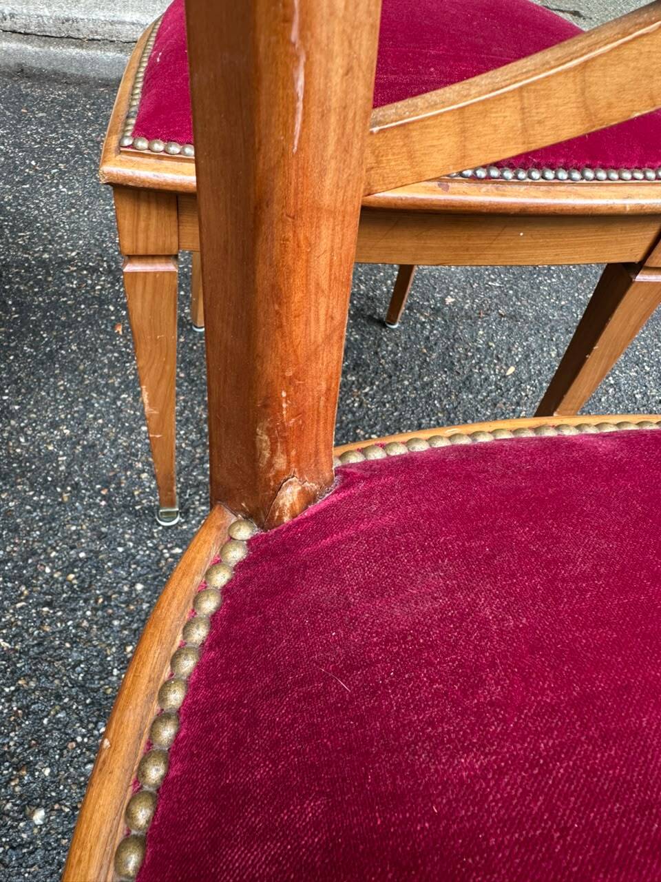 Set of 4 Art Deco Directoire chairs in solid wood and red velvet, 1960.