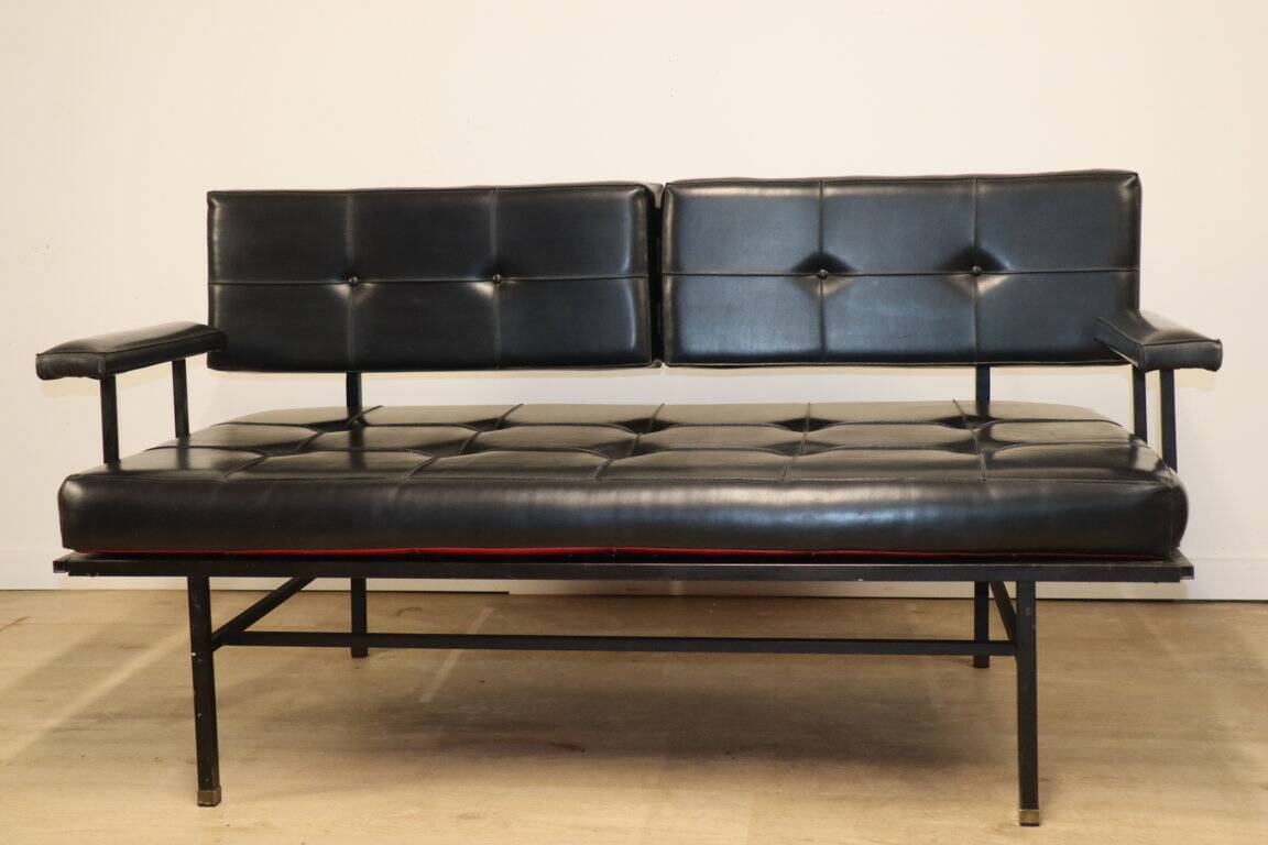 Vintage "Daybed" sofa bench in metal and imitation leather, 1950