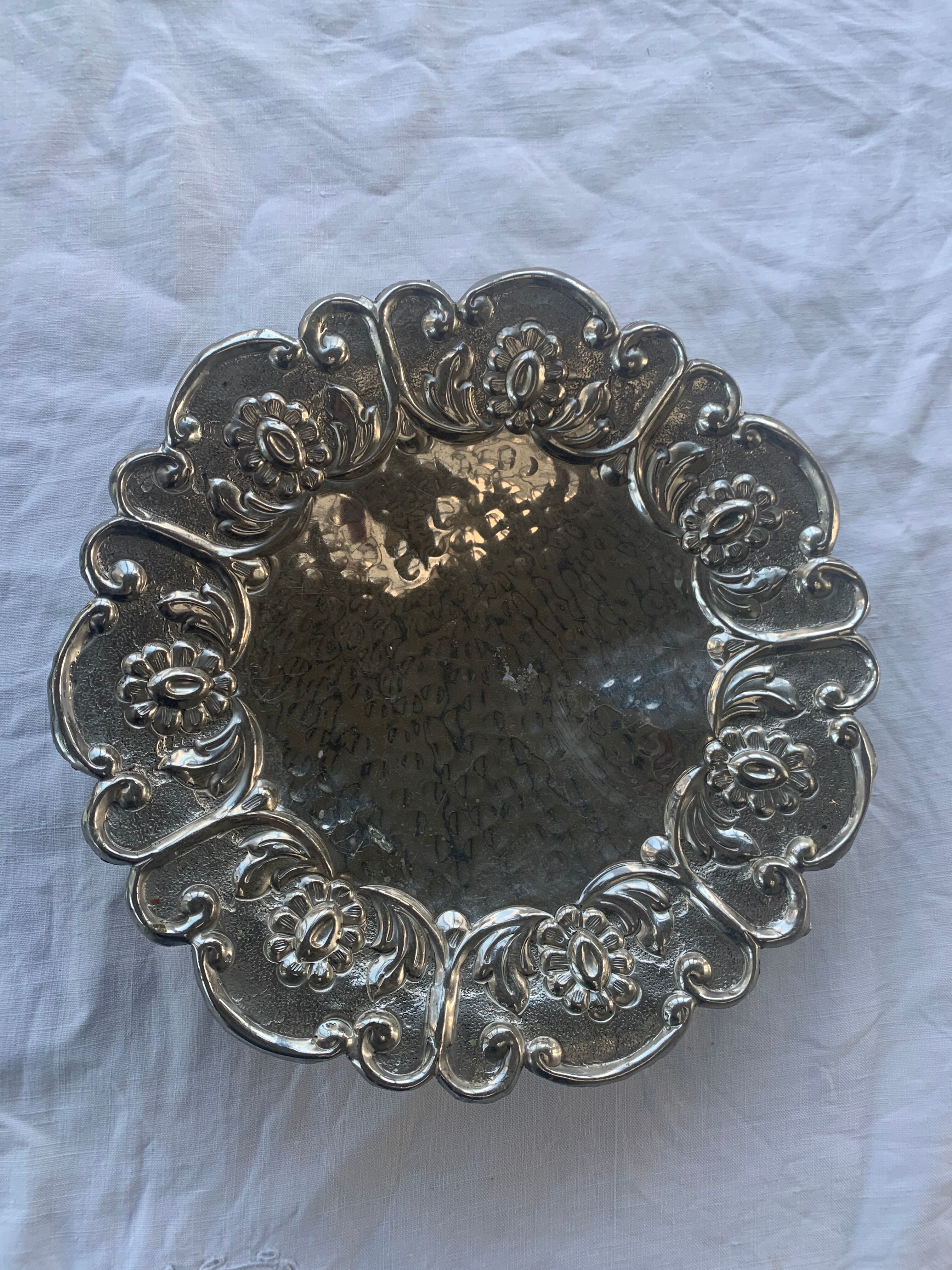 Hammered metal fruit cup vintage floral pattern