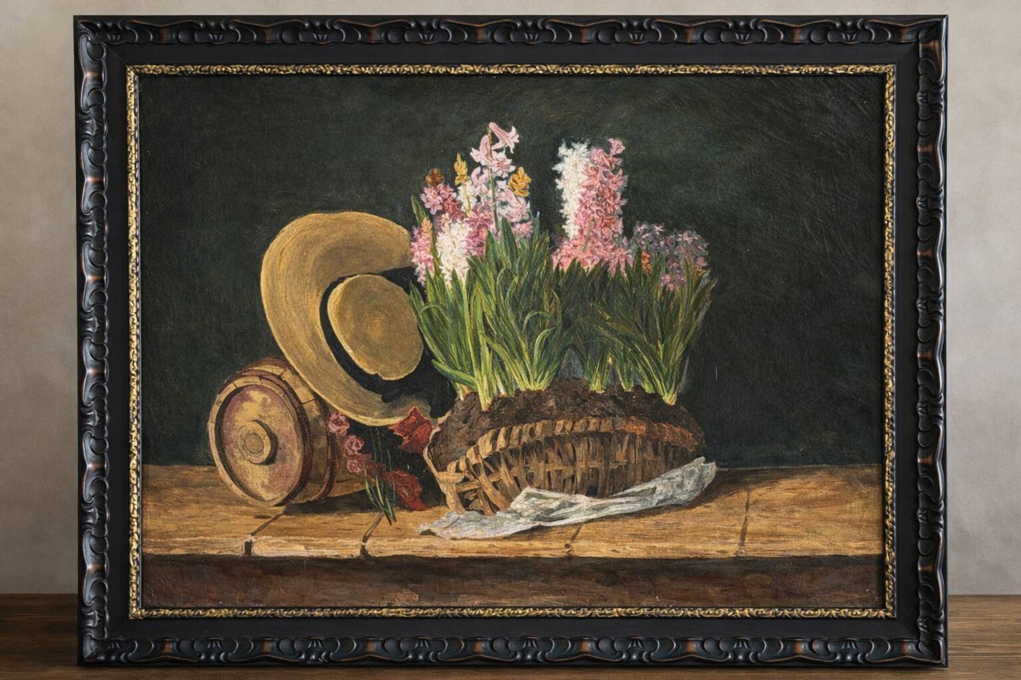 antique still life flowers hat oil on canvas French school