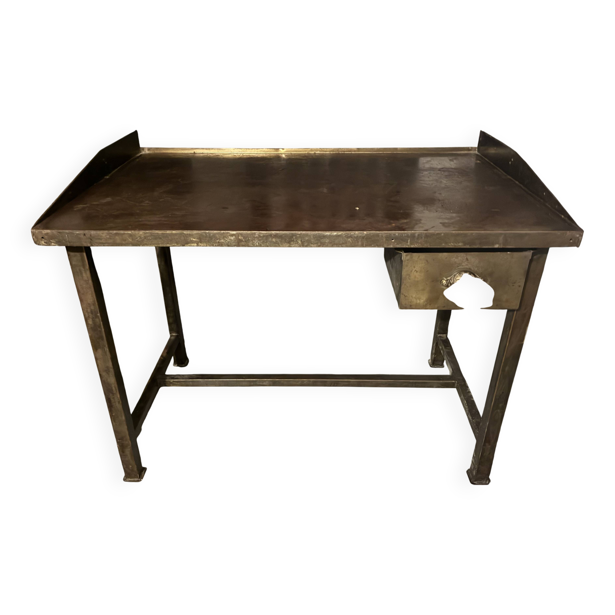 Vintage industrial workshop desk in patinated metal - brass drawer