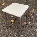 Vintage square stool in steel and white leather