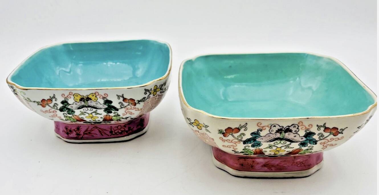 Pair of Chinese wedding bowls with blue floral pattern interior