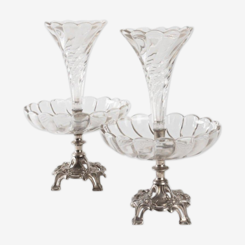 Pair of bouquetières in silver metal and crystal, art nouveau, 1910
