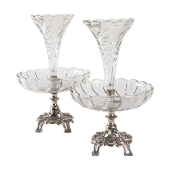 Pair of bouquetières in silver metal and crystal, art nouveau, 1910