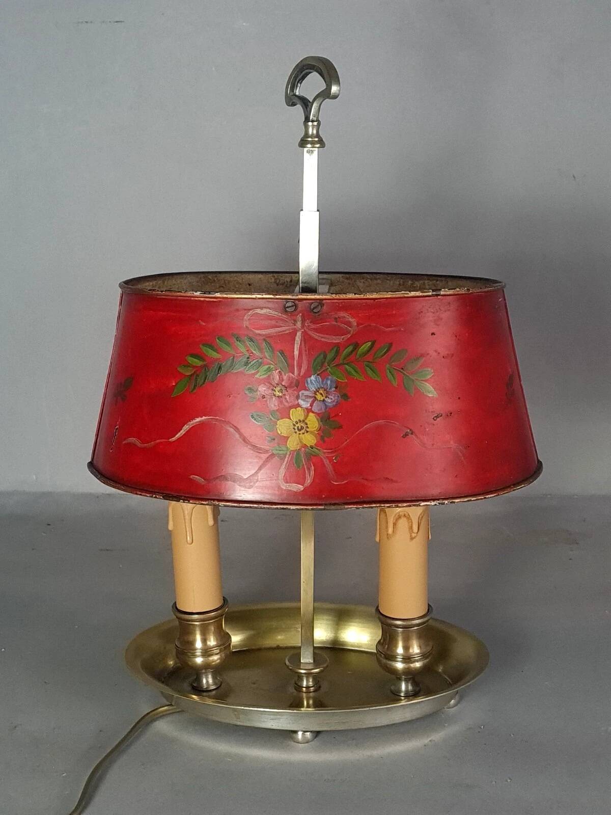 Ancienne lampe bouillotte bronze & tôle peinte, électrifiée D083
