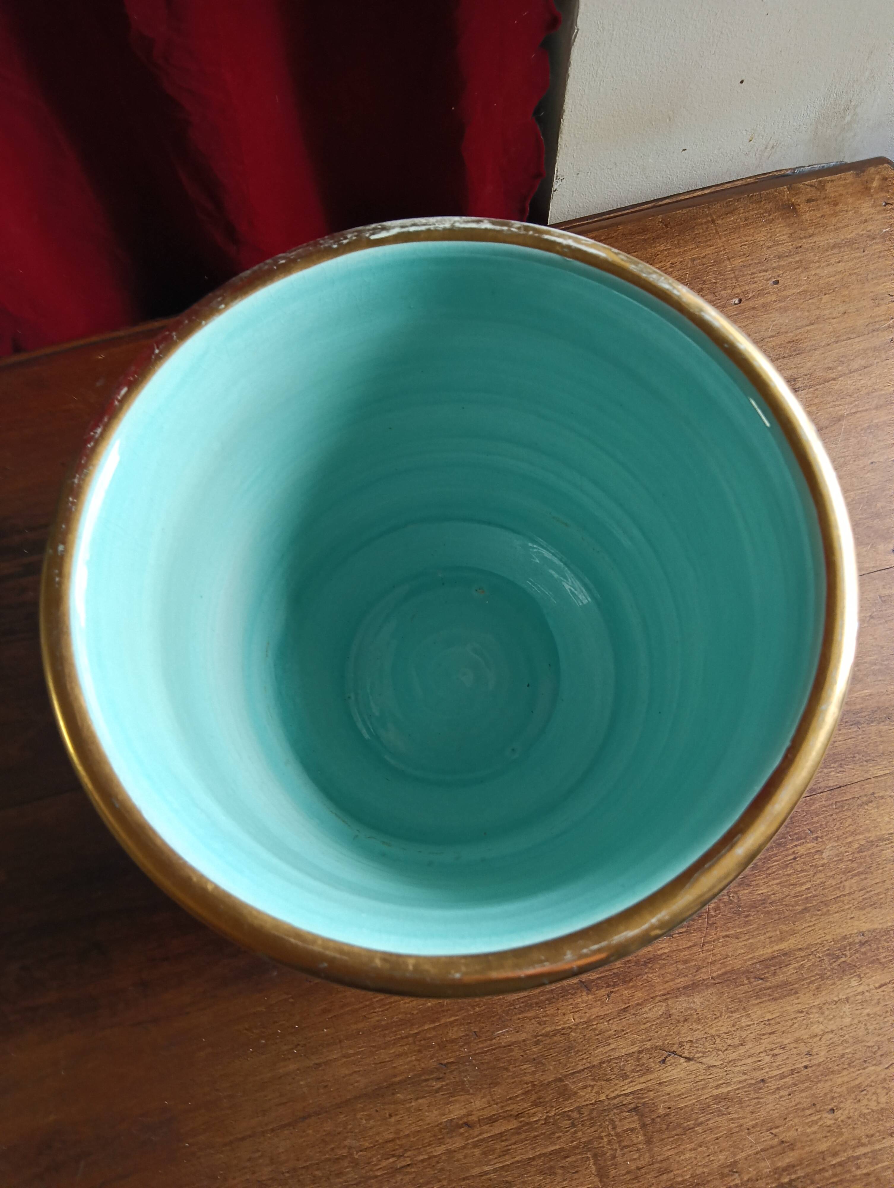 VINTAGE MONACO CERAMIC CACHE POT WITH RELIEF MARINE DECORATION & GOLD