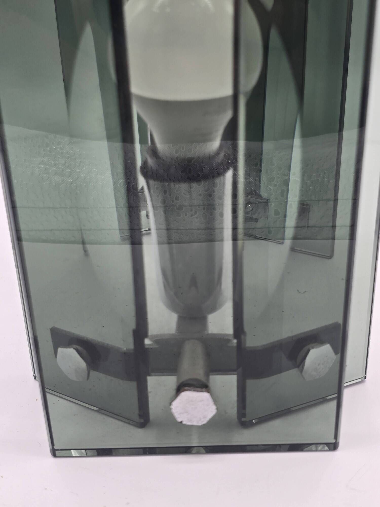 Green-grey glass and chrome metal suspension, in the style of Fontana Arte.