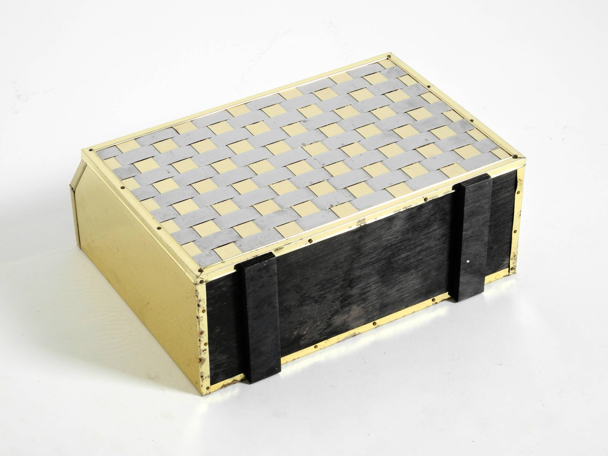 1980s newspaper rack made of brass and wood in Hollywood Regecy design