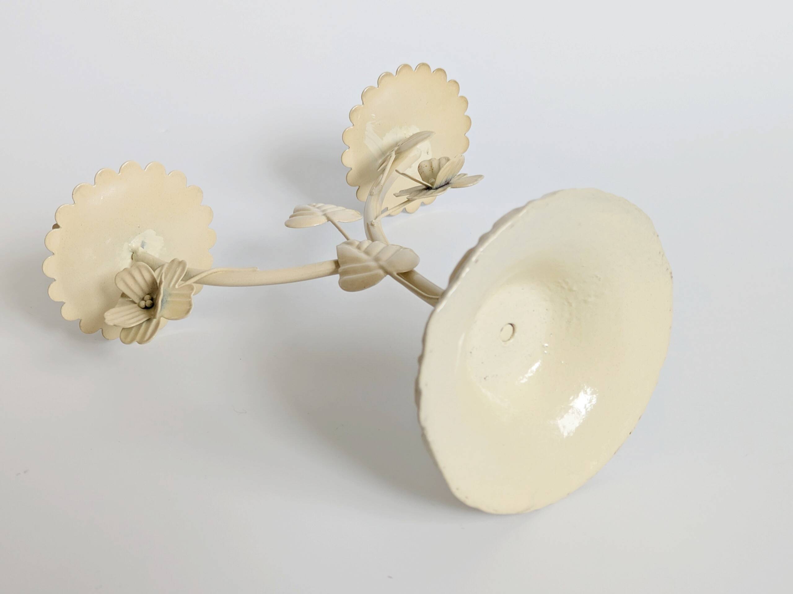 Vintage Italian white painted cast iron candlestick, floral motif, 1970s