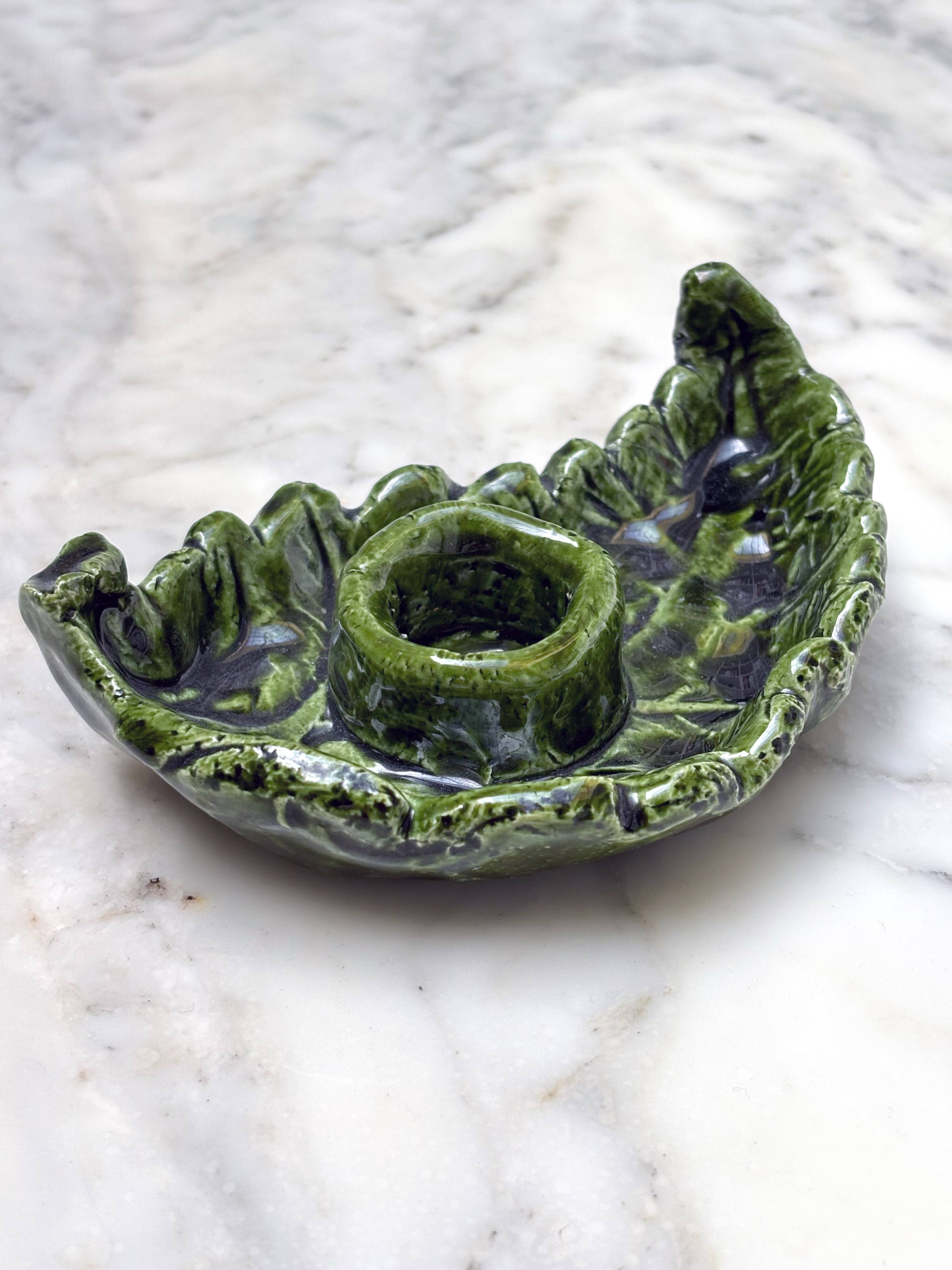 Small candle holder in green slip ceramic