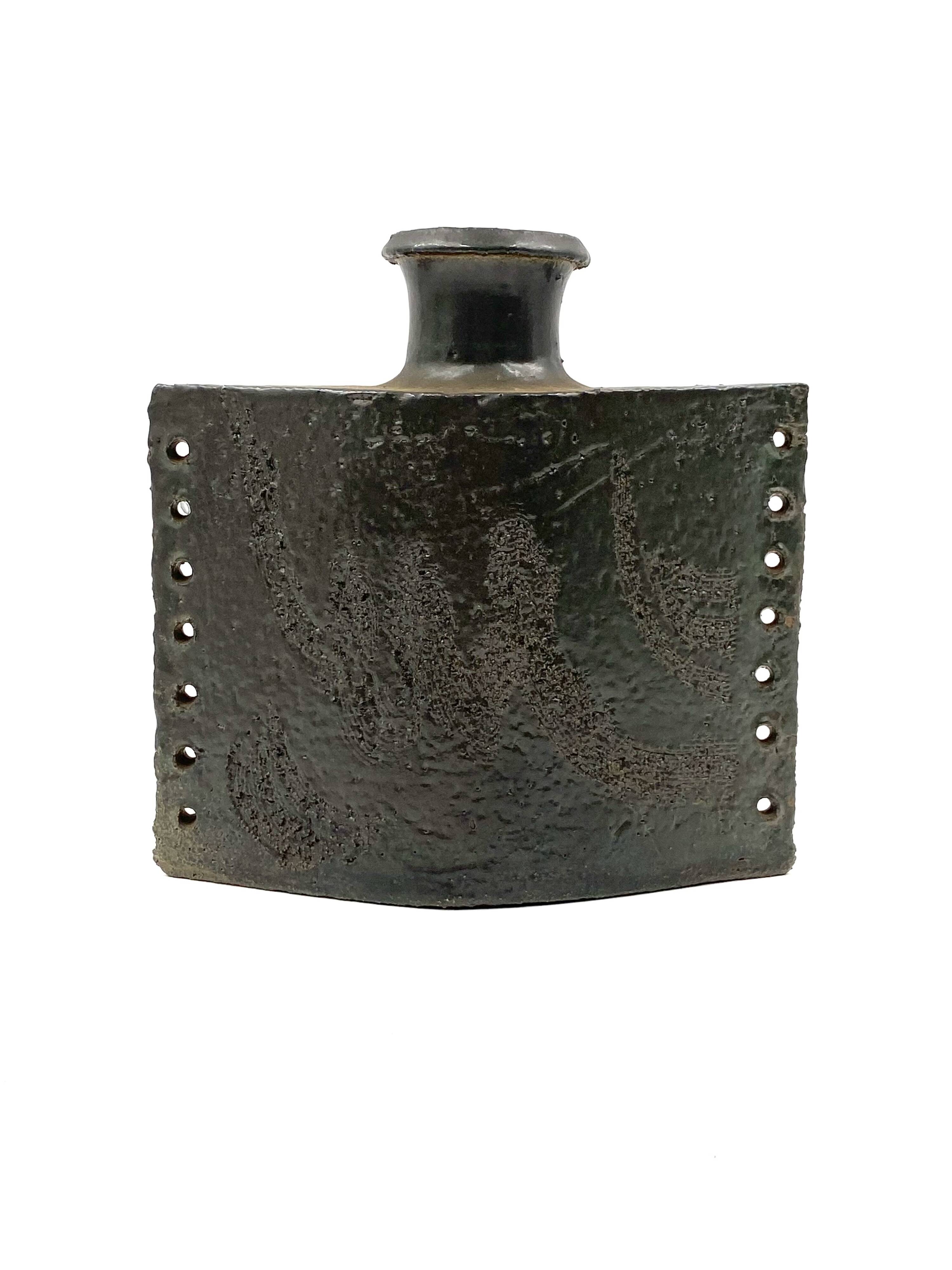Dark green brutalist ceramic vase, Italy 1980s