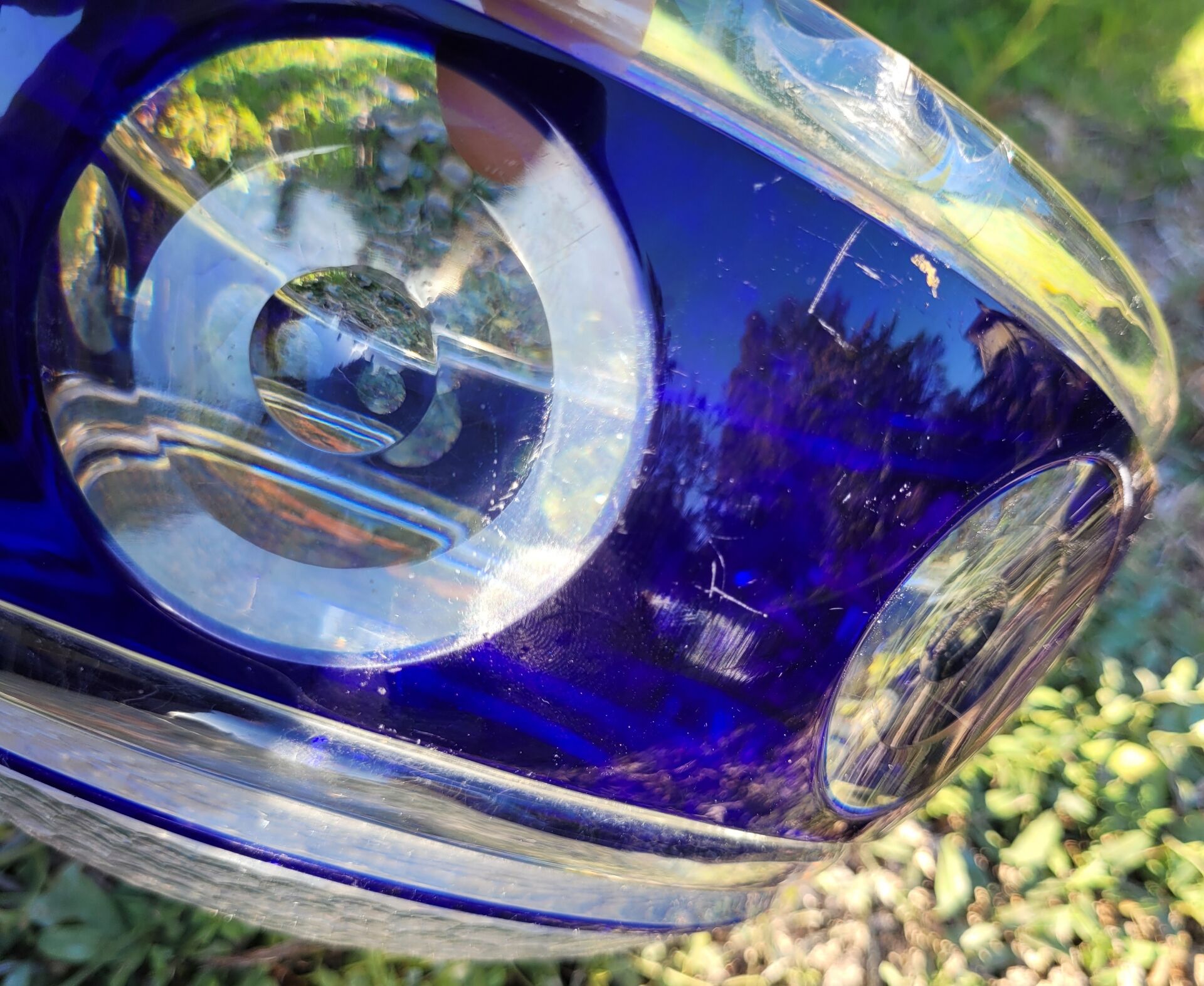 cobalt blue glass bowl with round lenses
