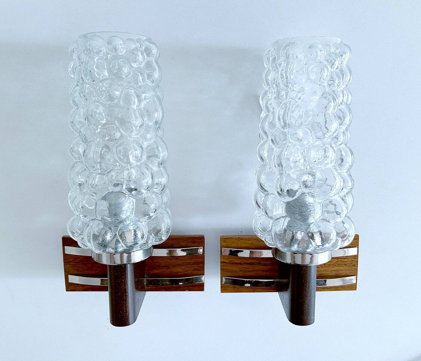 Pair Vintage Danish Bubble Blass Wood sconces