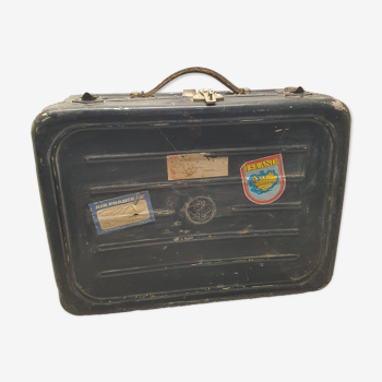 Old national navy suitcase in navy blue metal vintage 1960s