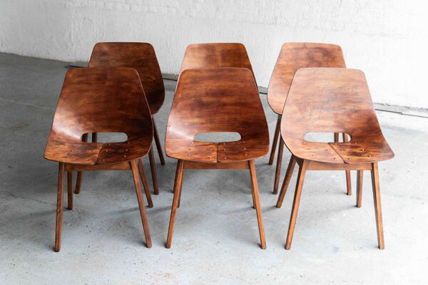 Ensemble de 6 chaises de salle à manger 'Tonneau' par Pierre Guariche