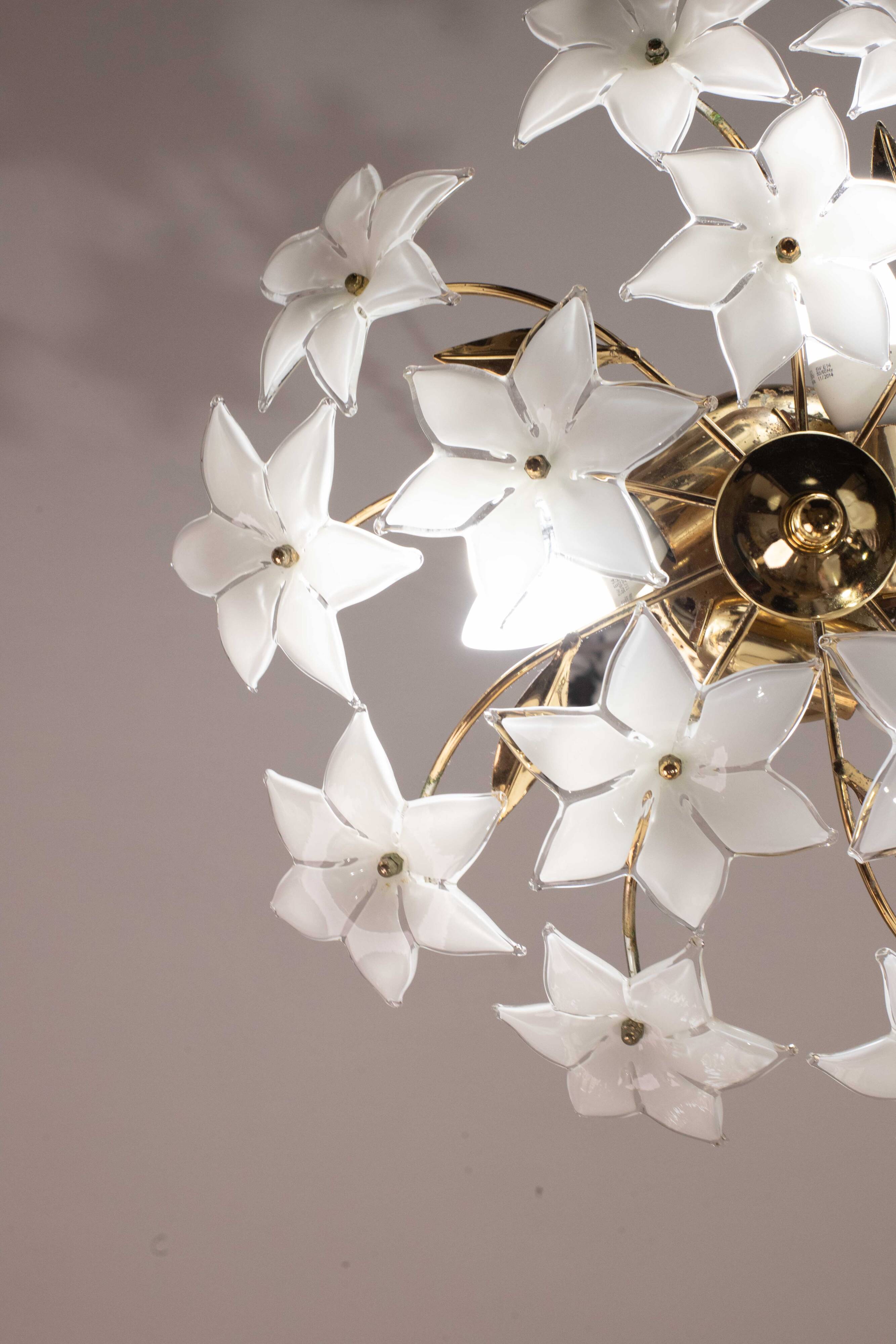 Charming Vintage Murano Ceiling Light White Flowers, 1960s